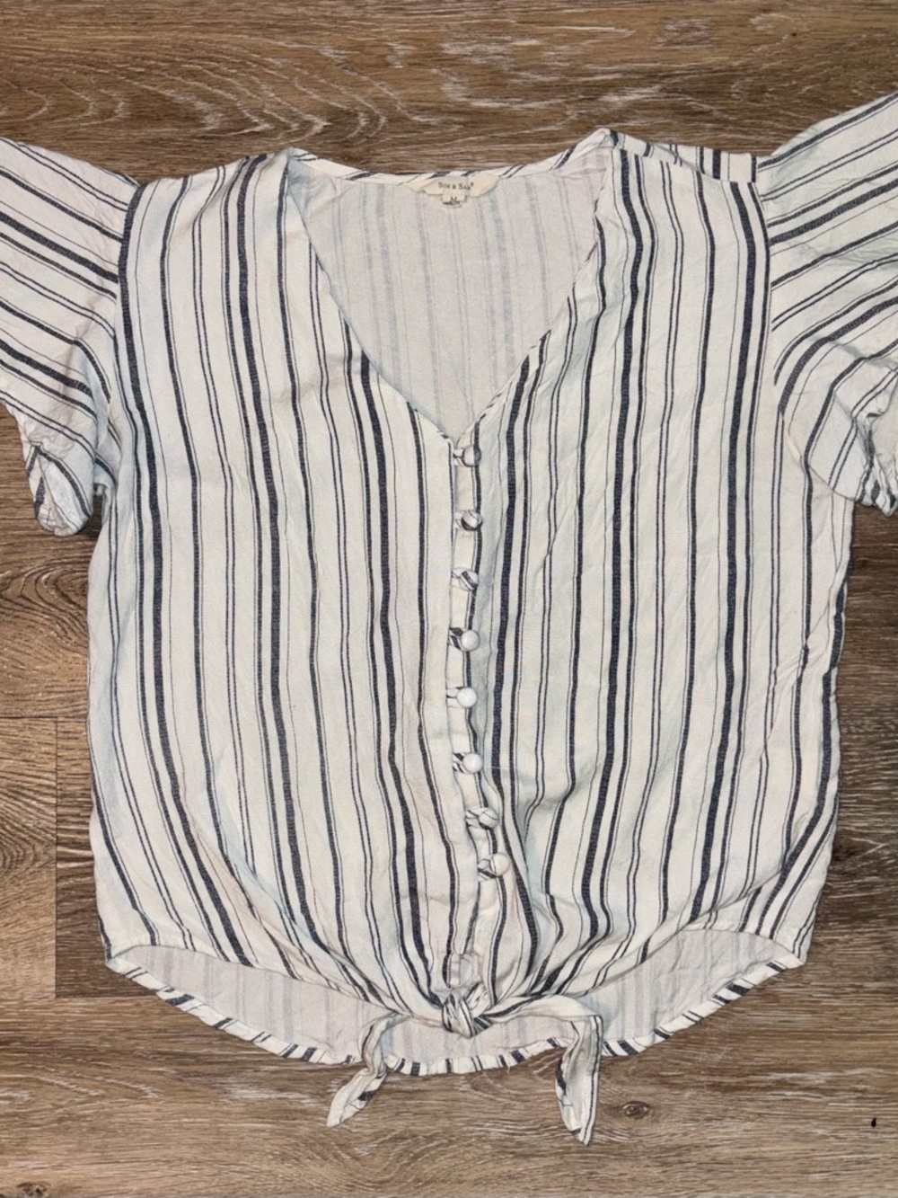 Women’s Striped Tie-Front V-Neck Blouse in White and Navy